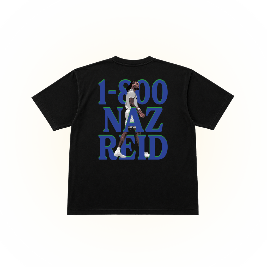 Black Comfort Colors t-shirt with graphic design of NAZ REID and a slogan '1-800-NAZ-REID' because he always pick up when the team needs him most