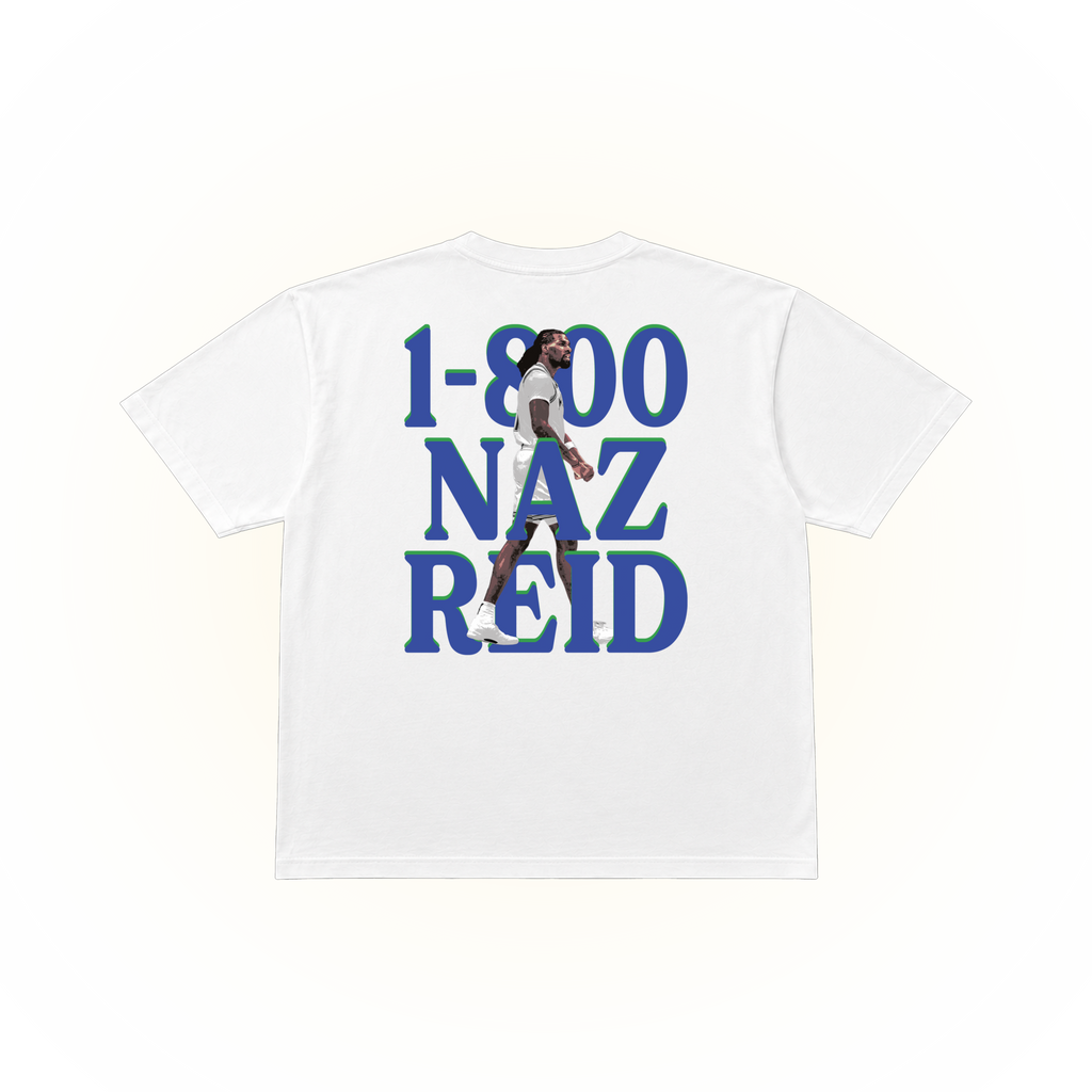 White Comfort Colors t-shirt with graphic design of NAZ REID and a slogan '1-800-NAZ-REID' because he always pick up when the team needs him most