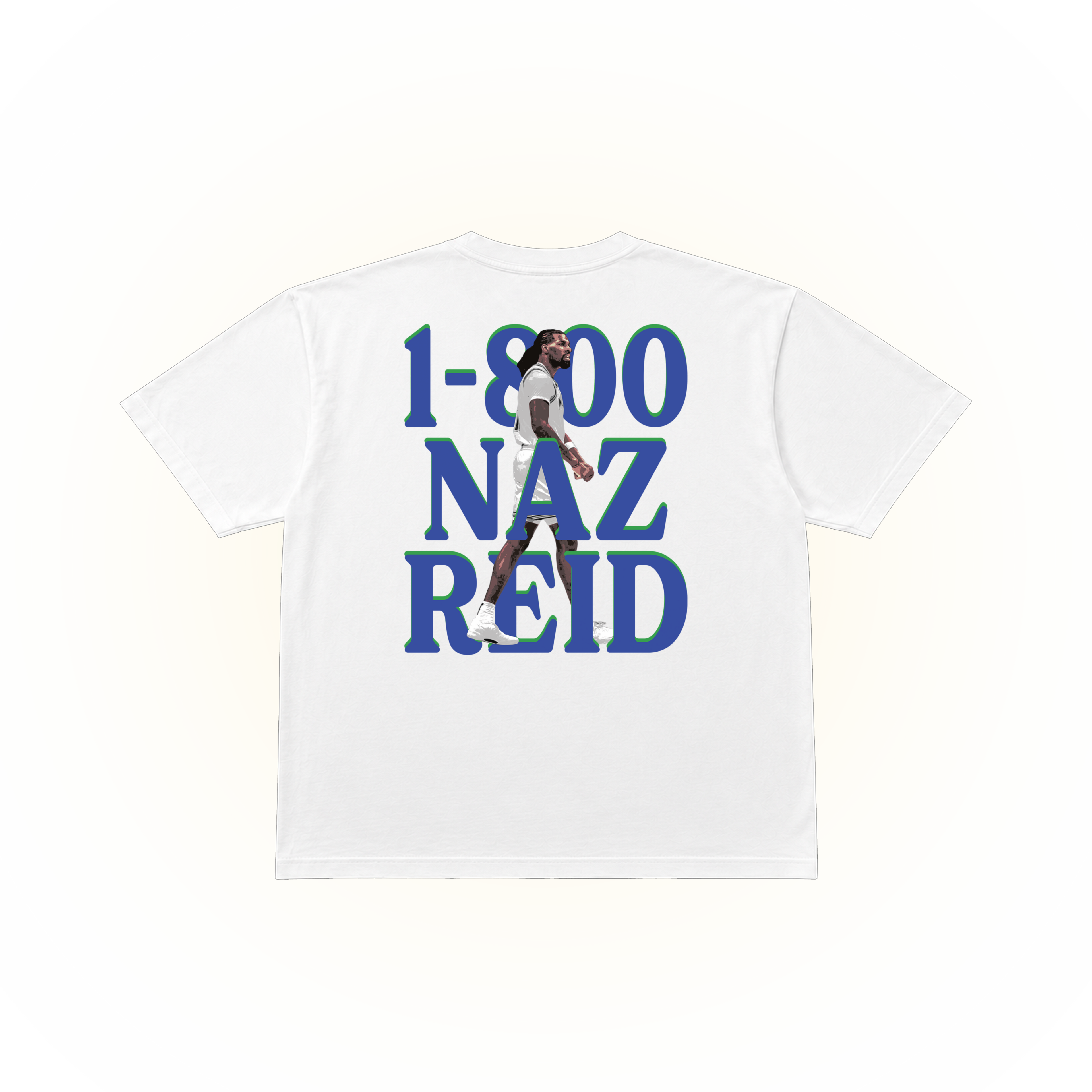 White Comfort Colors t-shirt with graphic design of NAZ REID and a slogan '1-800-NAZ-REID' because he always pick up when the team needs him most