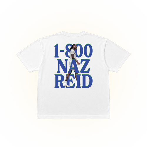 White Comfort Colors t-shirt with graphic design of NAZ REID and a slogan '1-800-NAZ-REID' because he always pick up when the team needs him most