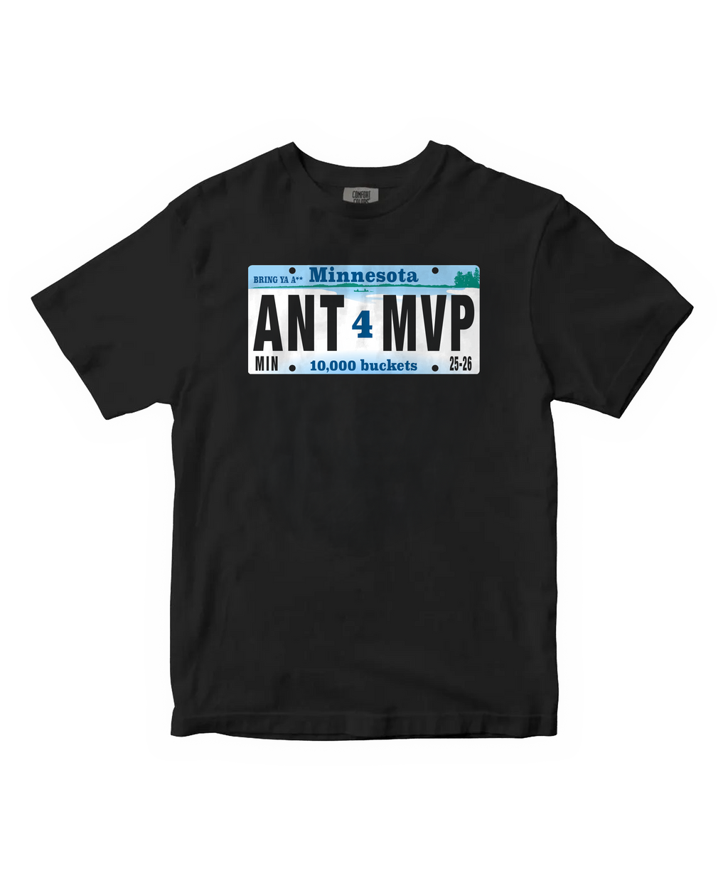 Black t-shirt with a license plate design on a white background