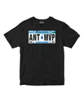 Black t-shirt with a license plate design on a white background