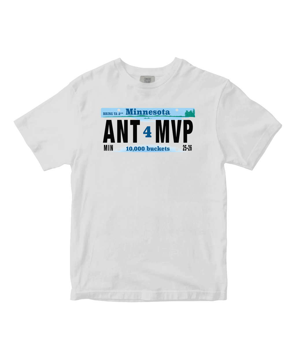 White t-shirt with text and graphics on a white background