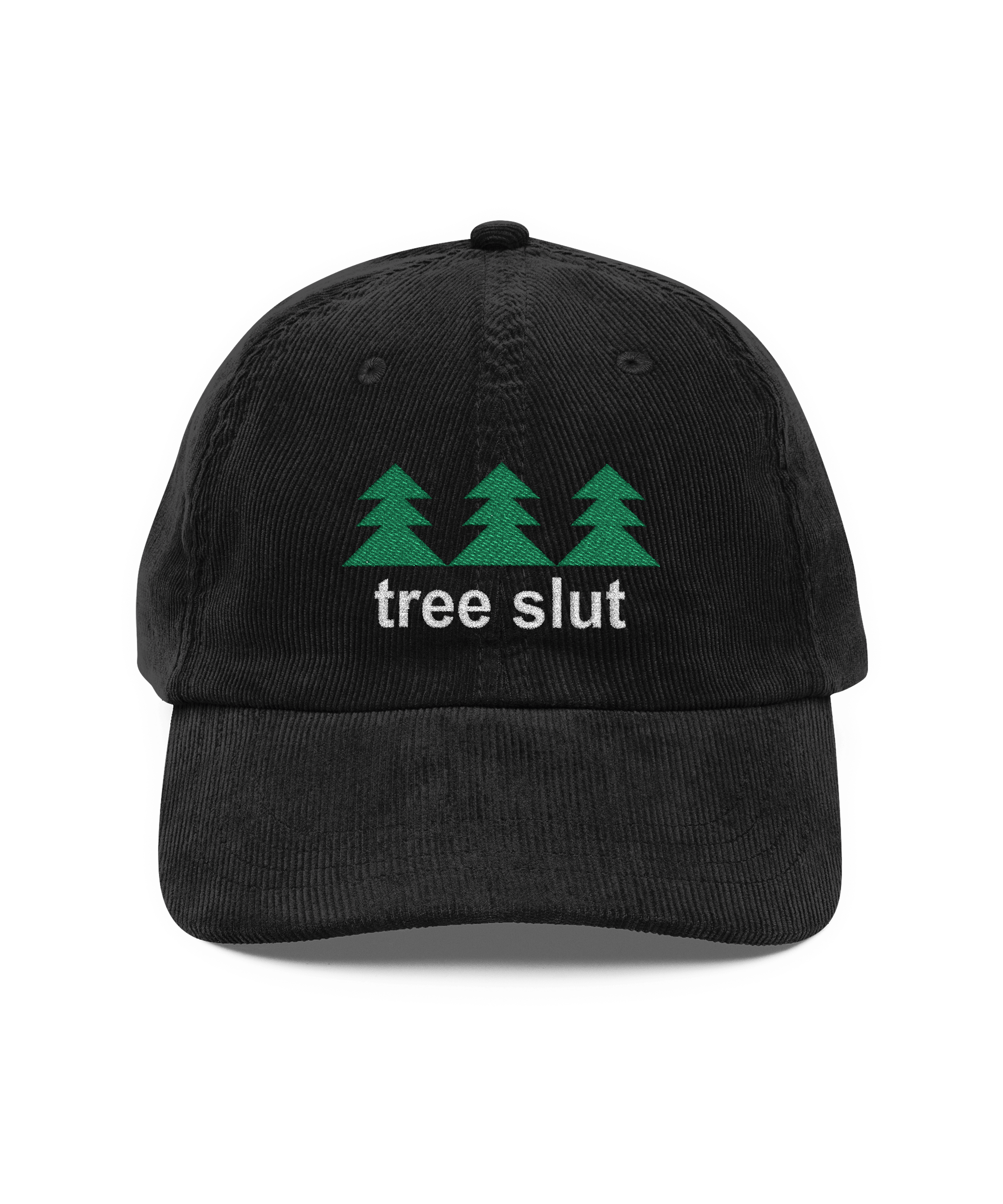 Black cap with 'tree slut' text and green tree graphics on a white background. Minnesota Timberwolves-inspired