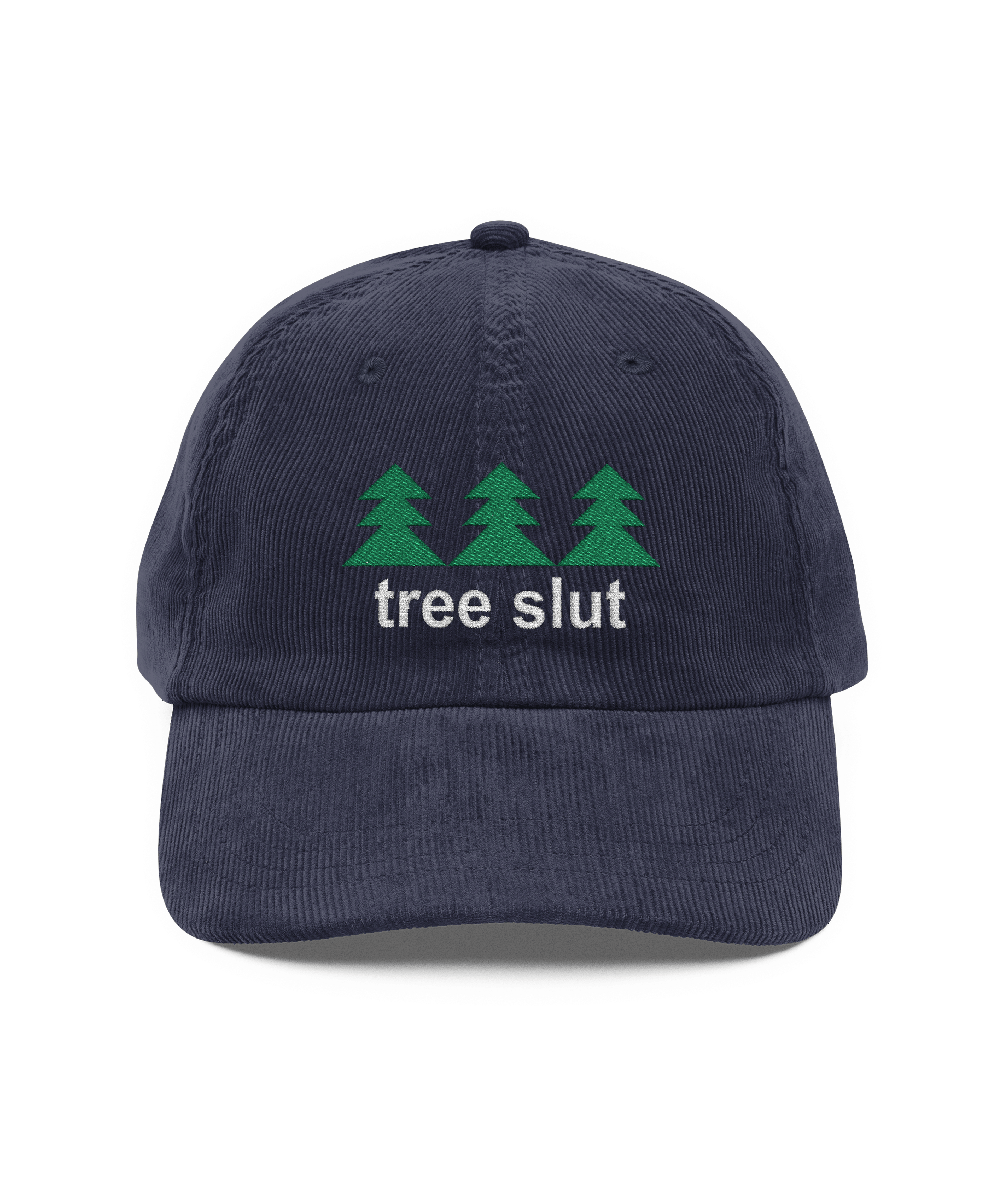 Navy cap with 'tree slut' text and green tree graphics on a white background. Minnesota Timberwolves-inspired