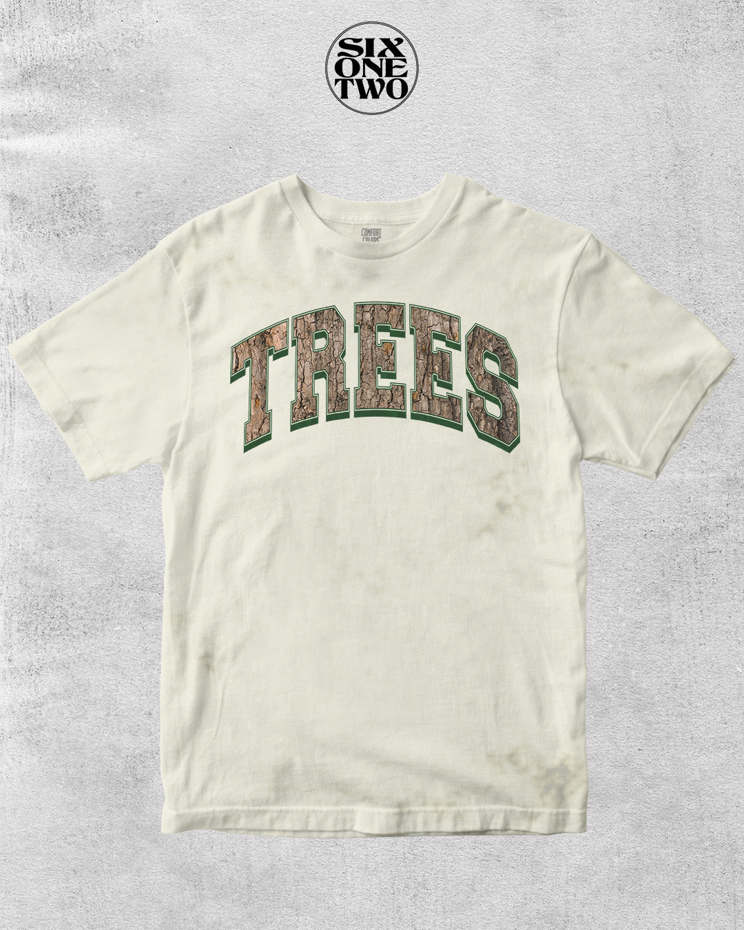 Unisex Comfort Colors t-shirt in ivory with Trees graphic design in a camo