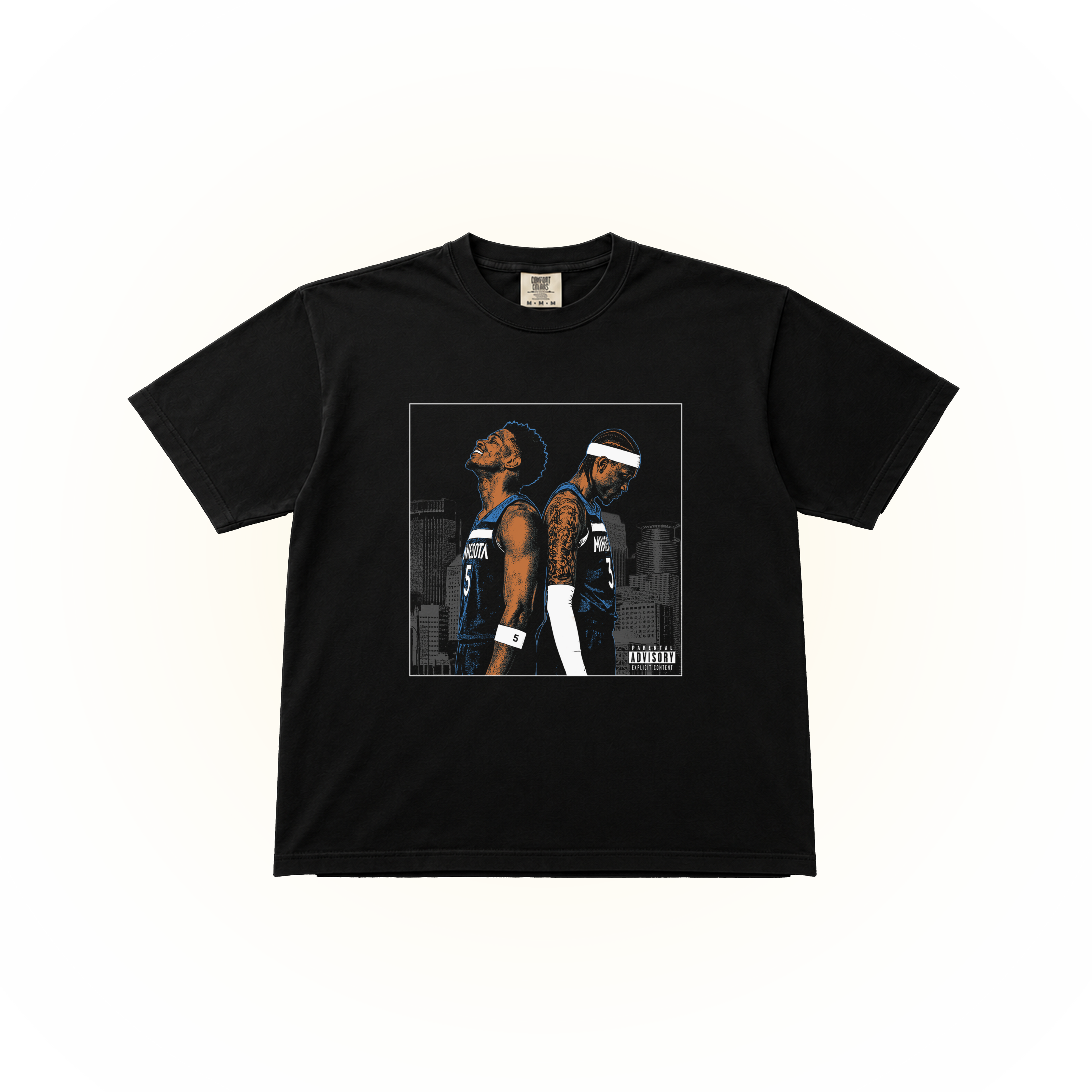 Album design featuring a Anthony Edwards and Jaden McDaniels graphic on a black Comfort Colors t-shirt