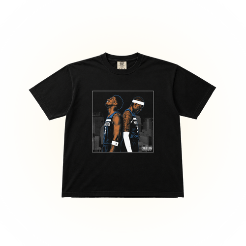 Album design featuring a Anthony Edwards and Jaden McDaniels graphic on a black Comfort Colors t-shirt