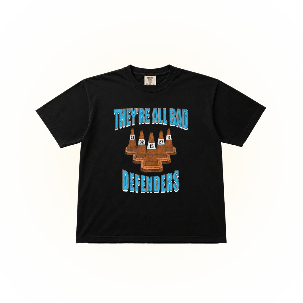 Vintage style "They're all bad defenders graphic on a black Comfort Colors t-shirt. The famous quote from Jaden McDaniels describing the Denver Nuggets' defense.