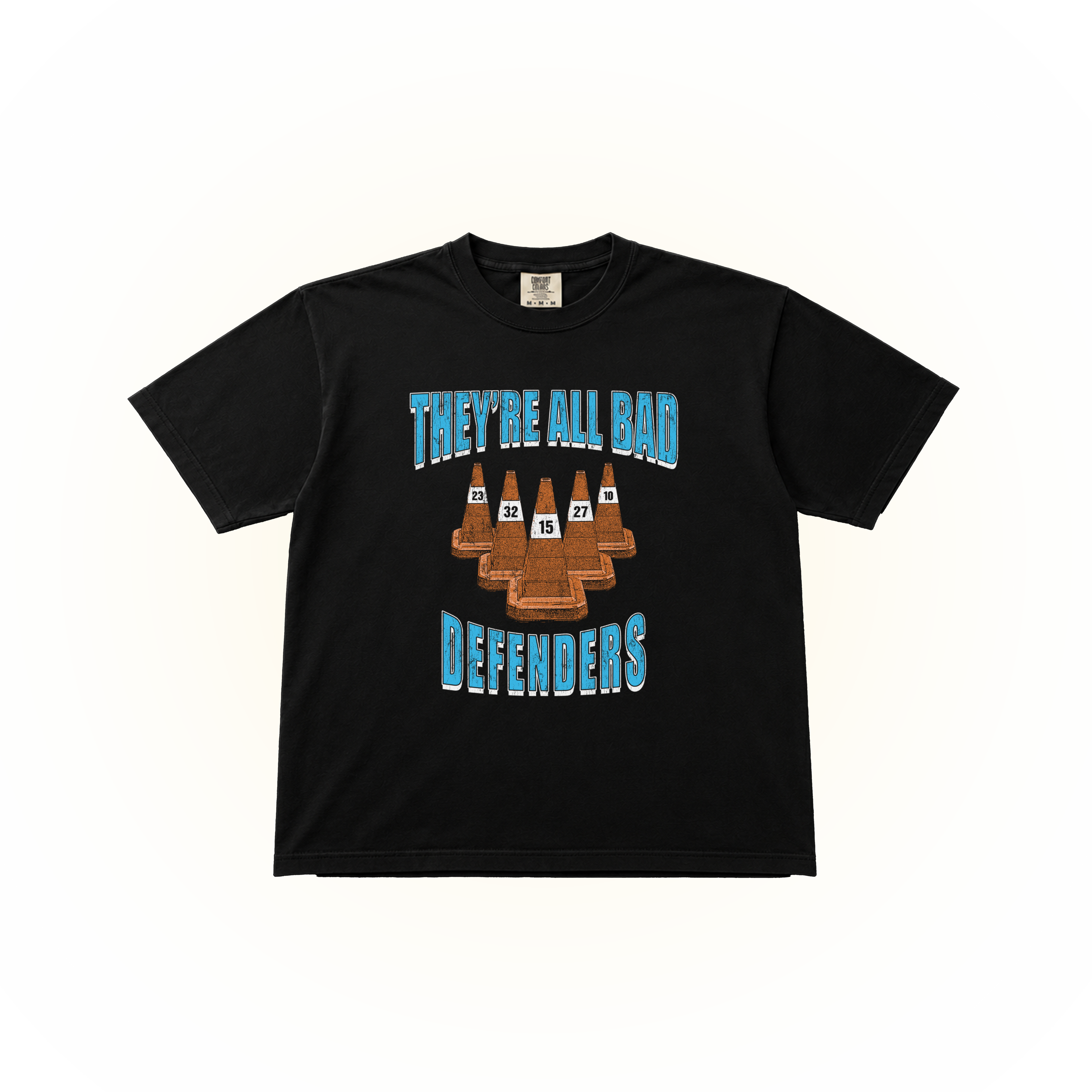 Vintage style "They're all bad defenders graphic on a black Comfort Colors t-shirt. The famous quote from Jaden McDaniels describing the Denver Nuggets' defense.