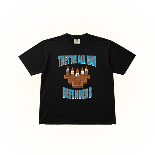 Vintage style "They're all bad defenders graphic on a black Comfort Colors t-shirt. The famous quote from Jaden McDaniels describing the Denver Nuggets' defense.