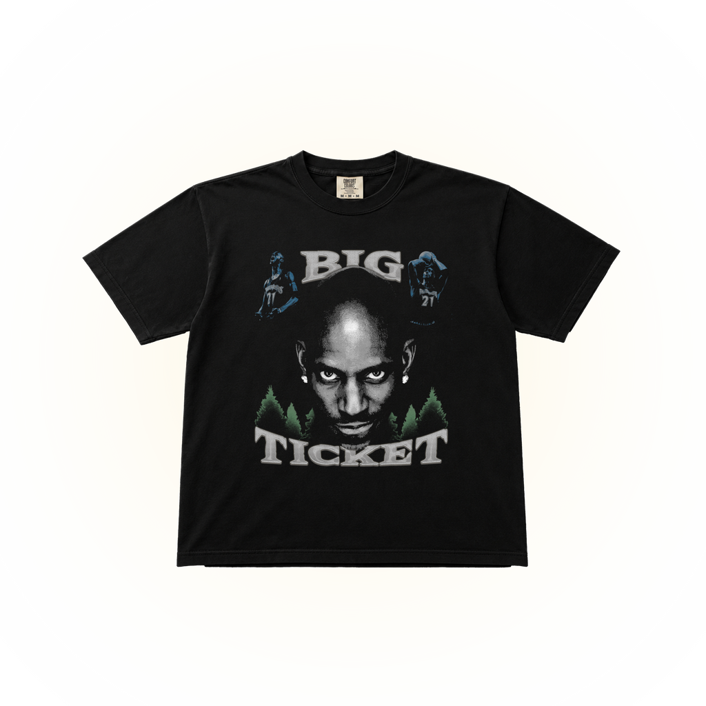 Vintage-style, Black Comfort Colors t-shirt with graphic design of Kevin Garnett and text 'Big Ticket'