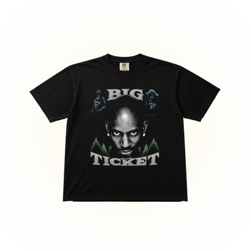 Vintage-style, Black Comfort Colors t-shirt with graphic design of Kevin Garnett and text 'Big Ticket'