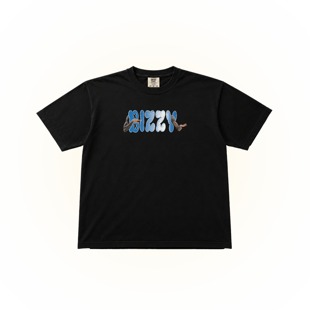 A black short-sleeve t-shirt with a colorful graphic on the chest spelling 'BIZZY' in a retro font filled with illustrations of various animals, displayed on a clean white background.
