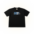 A black short-sleeve t-shirt with a colorful graphic on the chest spelling 'BIZZY' in a retro font filled with illustrations of various animals, displayed on a clean white background.