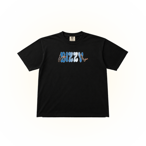 A black short-sleeve t-shirt with a colorful graphic on the chest spelling 'BIZZY' in a retro font filled with illustrations of various animals, displayed on a clean white background.