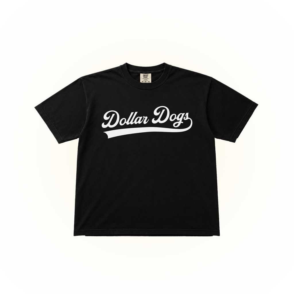 Vintage style Dollar Dogs graphic on a black Comfort Colors t-shirt