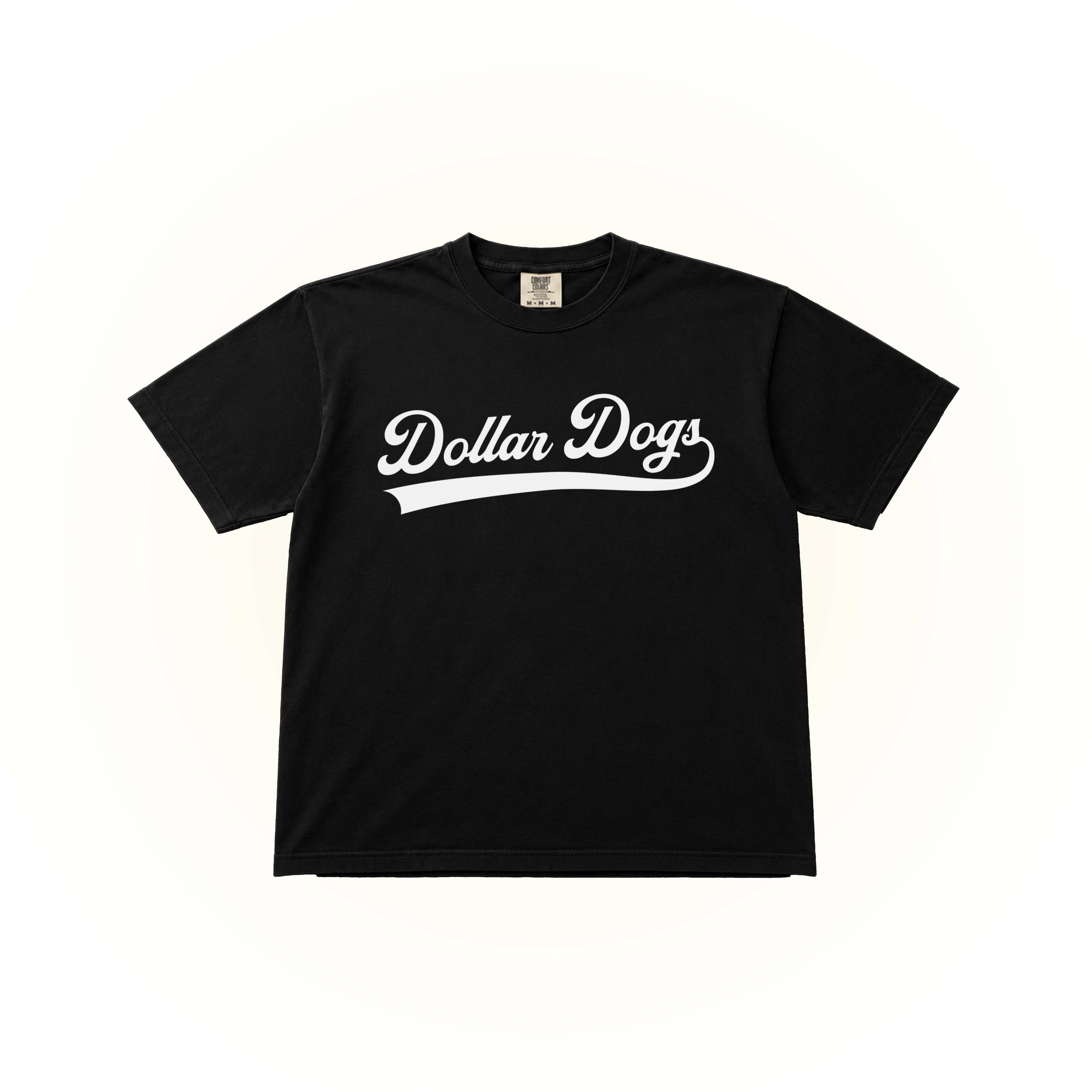 Vintage style Dollar Dogs graphic on a black Comfort Colors t-shirt