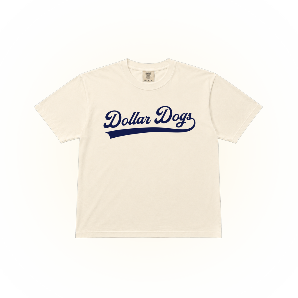 Vintage style Dollar Dogs graphic on a ivory Comfort Colors t-shirt