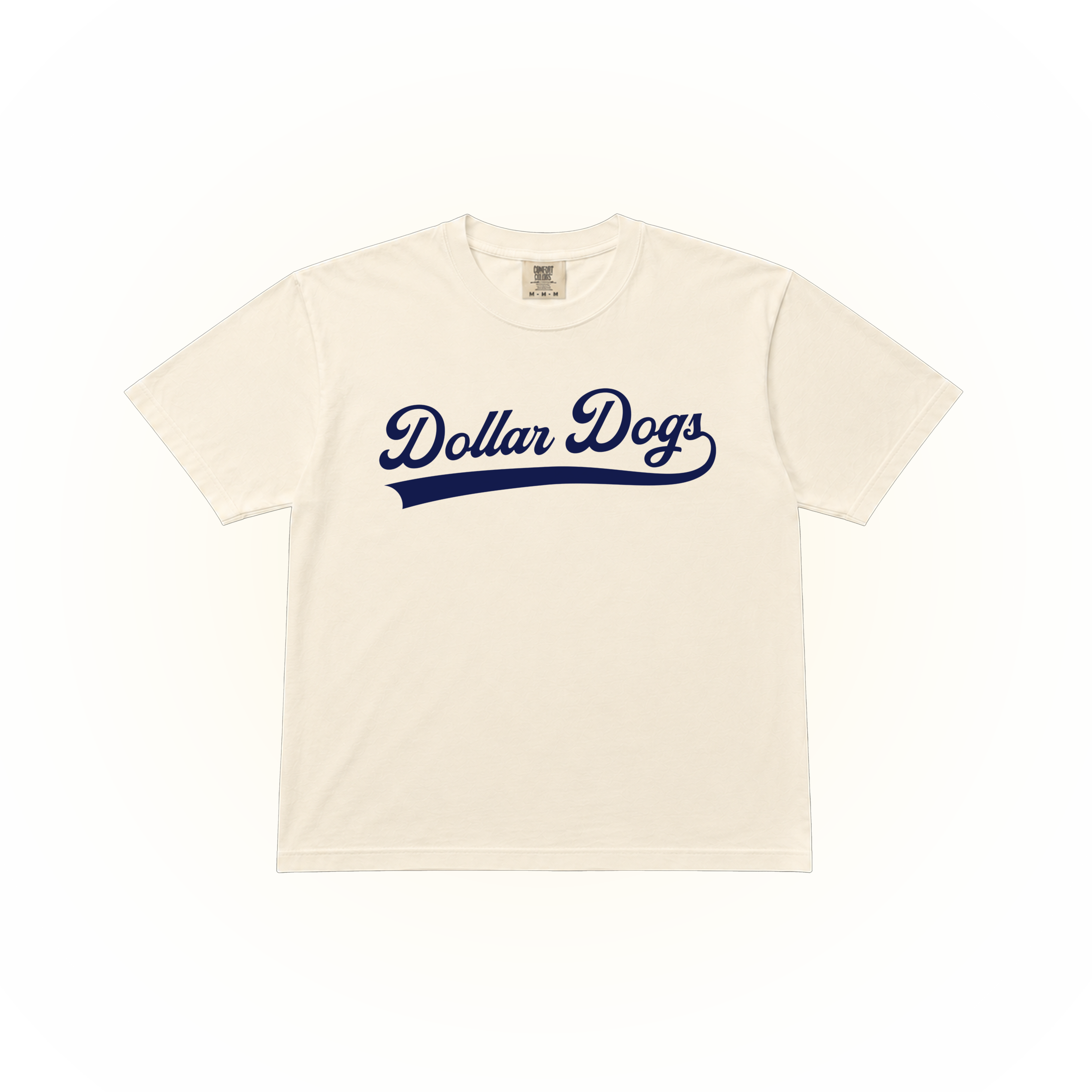 Vintage style Dollar Dogs graphic on a ivory Comfort Colors t-shirt