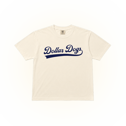 Vintage style Dollar Dogs graphic on a ivory Comfort Colors t-shirt