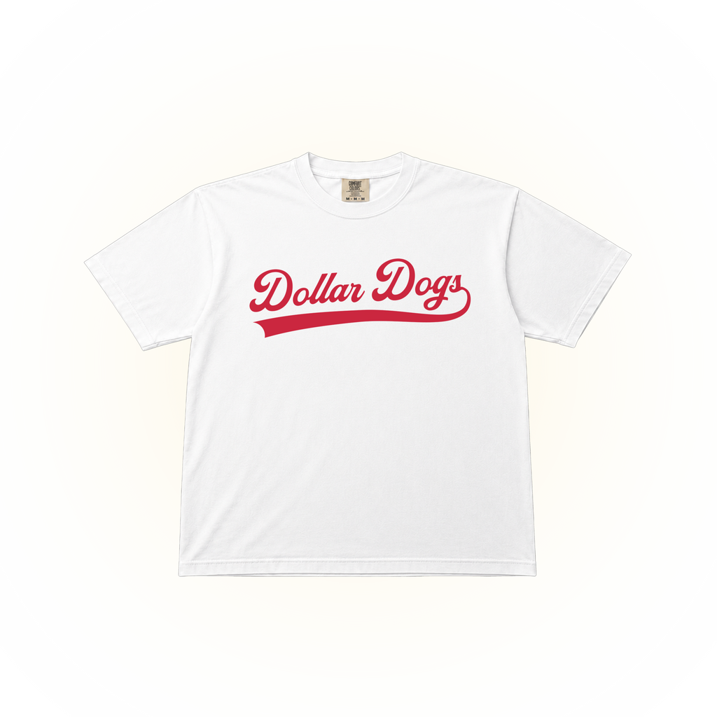 Vintage style red Dollar Dogs graphic on a white Comfort Colors t-shirt