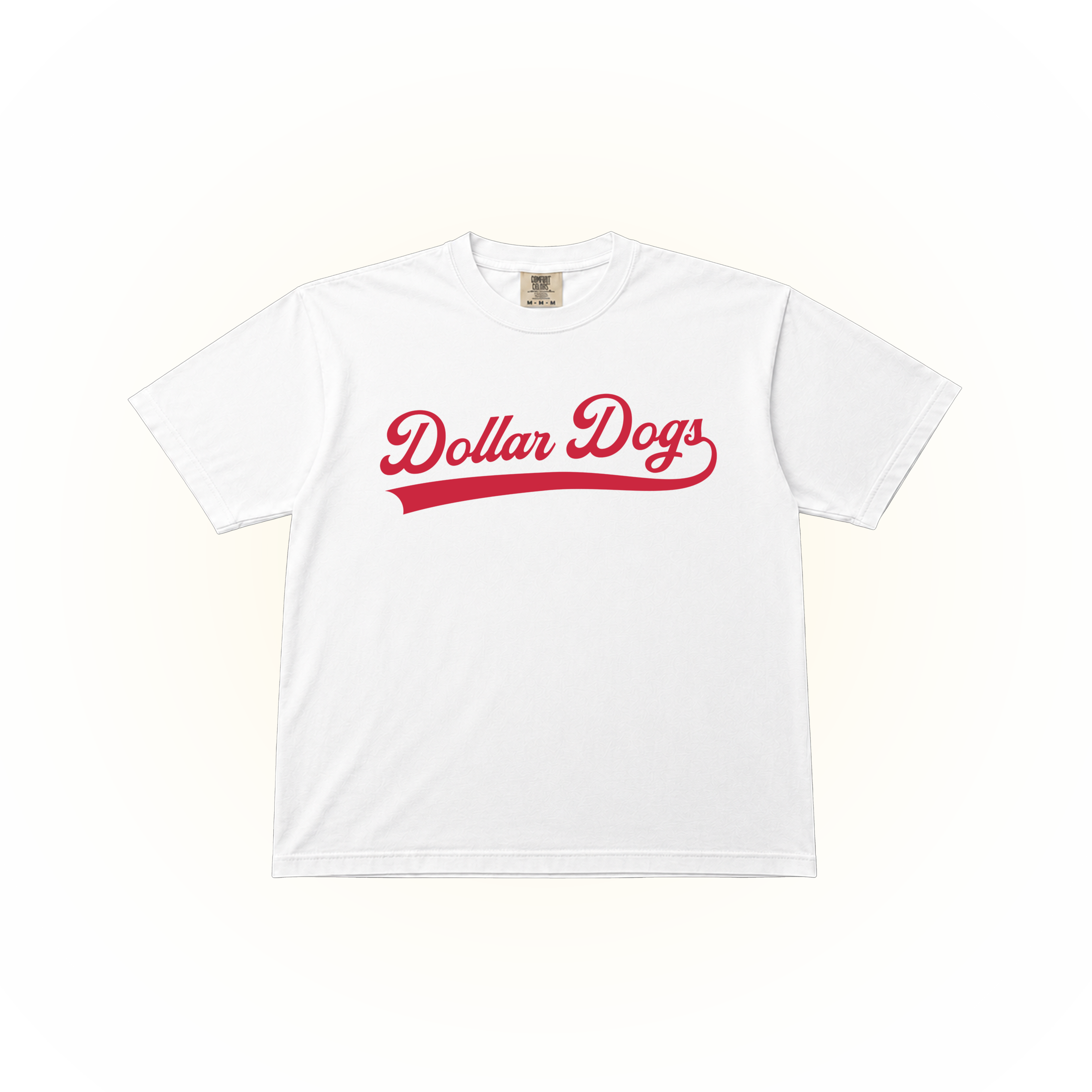 Vintage style red Dollar Dogs graphic on a white Comfort Colors t-shirt