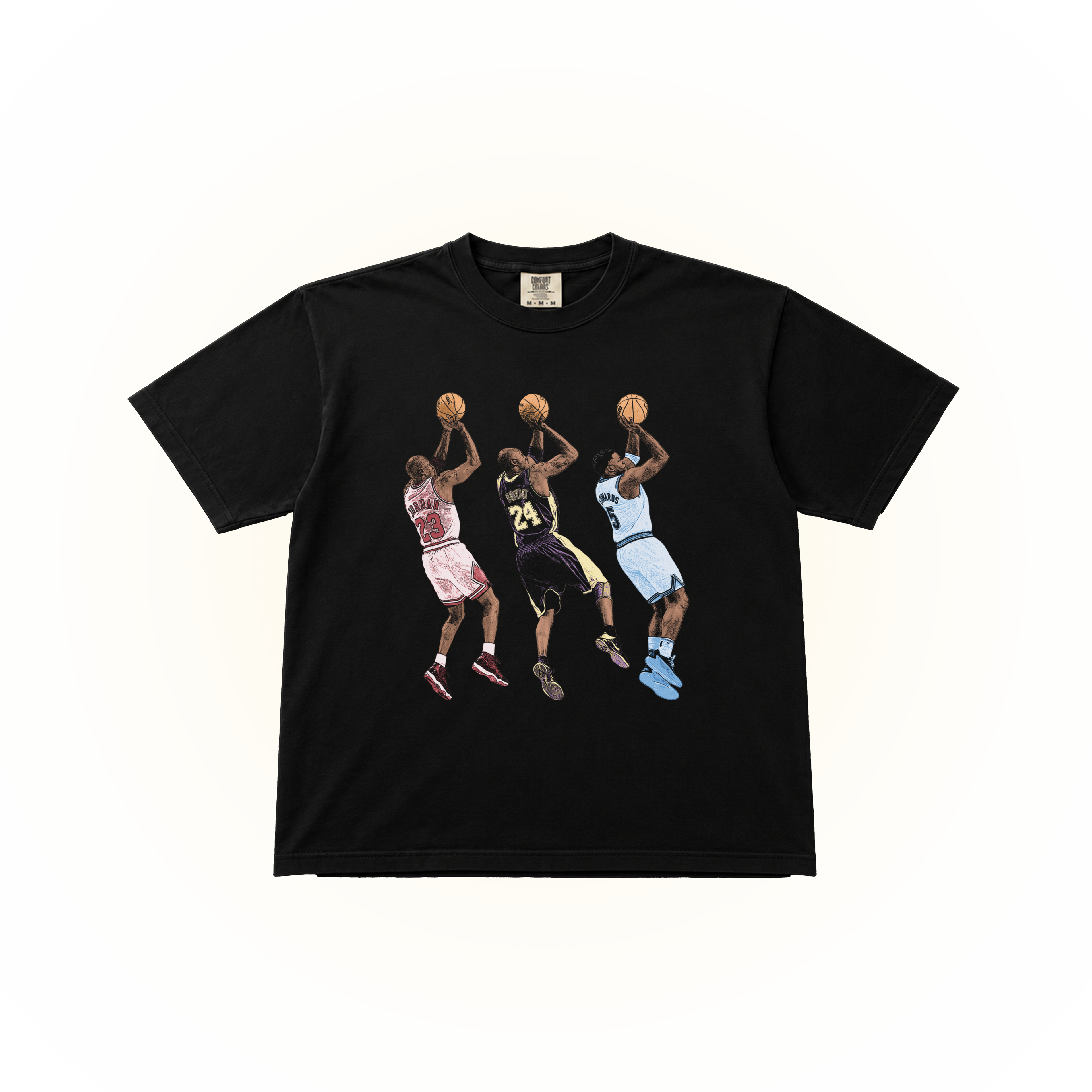 Vintage style fadeaway graphic from three GOATs, Michael Jordan, Kobe Bryant, and Anthony Edwards on a black Comfort Colors t-shirt