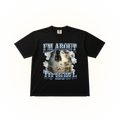 Vintage style wolf graphic on a black Comfort Colors t-shirt saying "I'm about to howl."