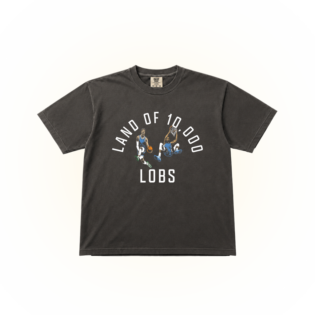 Pepper Comfort Colors tee with Land of 10,000 Lobs retro alley-oop basketball graphic