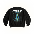 A black crewneck sweatshirt featuring a large graphic print on the front. The graphic displays the text 'MELO MINNESOTA' in white and blue, above an illustration of a UFO sending a beam of light to a silhouetted figure standing in a forest by a lake.