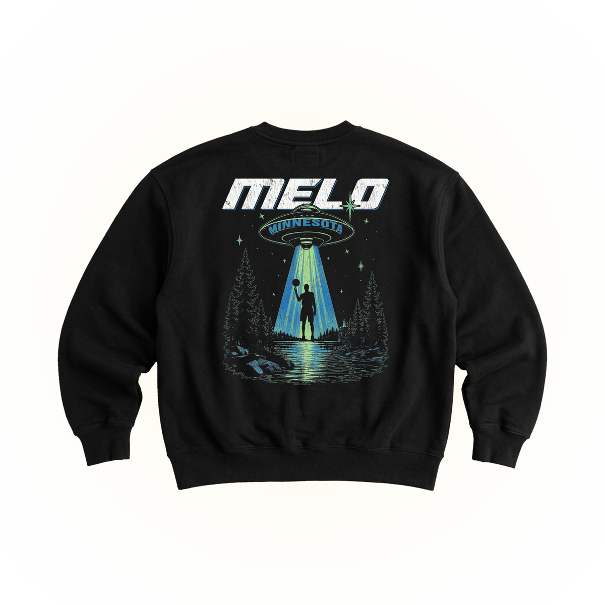 A black crewneck sweatshirt featuring a large graphic print on the front. The graphic displays the text 'MELO MINNESOTA' in white and blue, above an illustration of a UFO sending a beam of light to a silhouetted figure standing in a forest by a lake.