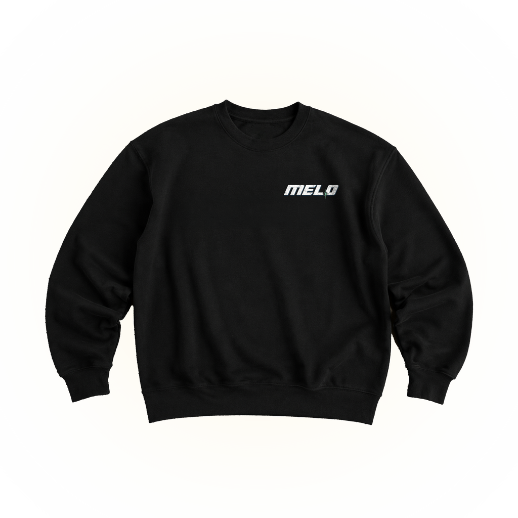 A black crewneck sweatshirt with the word 'MELO' printed in white across the chest, displayed on a clean white background.