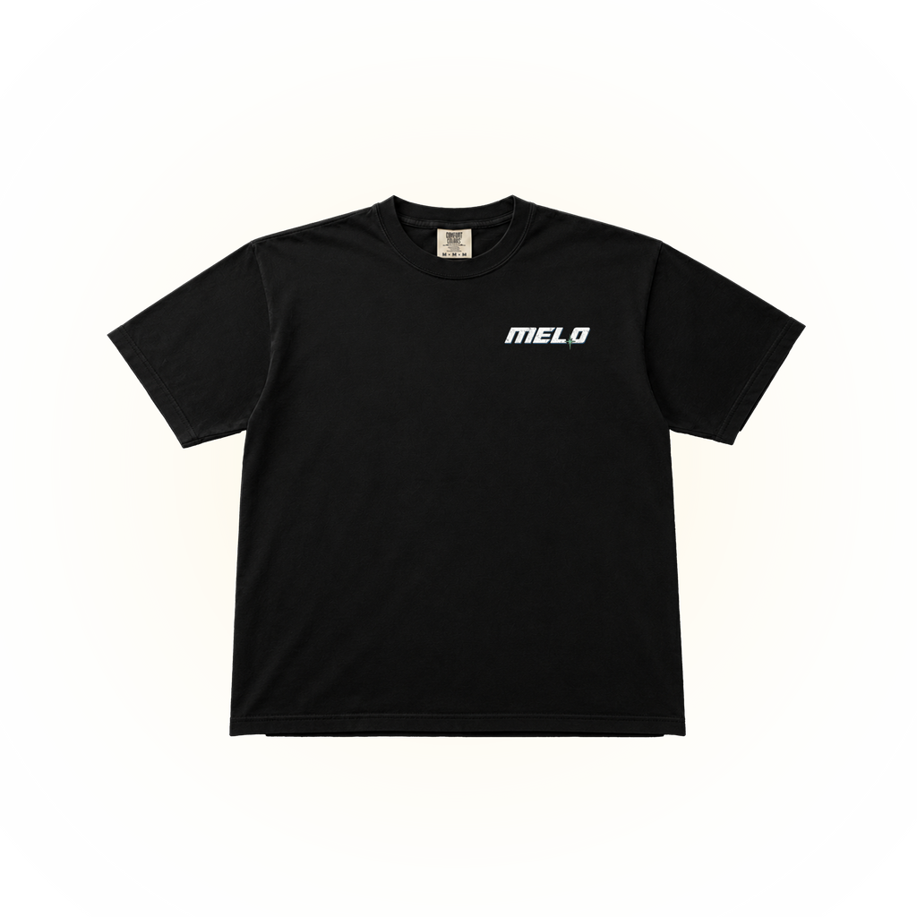 The front of a black short-sleeve crewneck t-shirt with a white 'MELO' logo printed on the left chest.