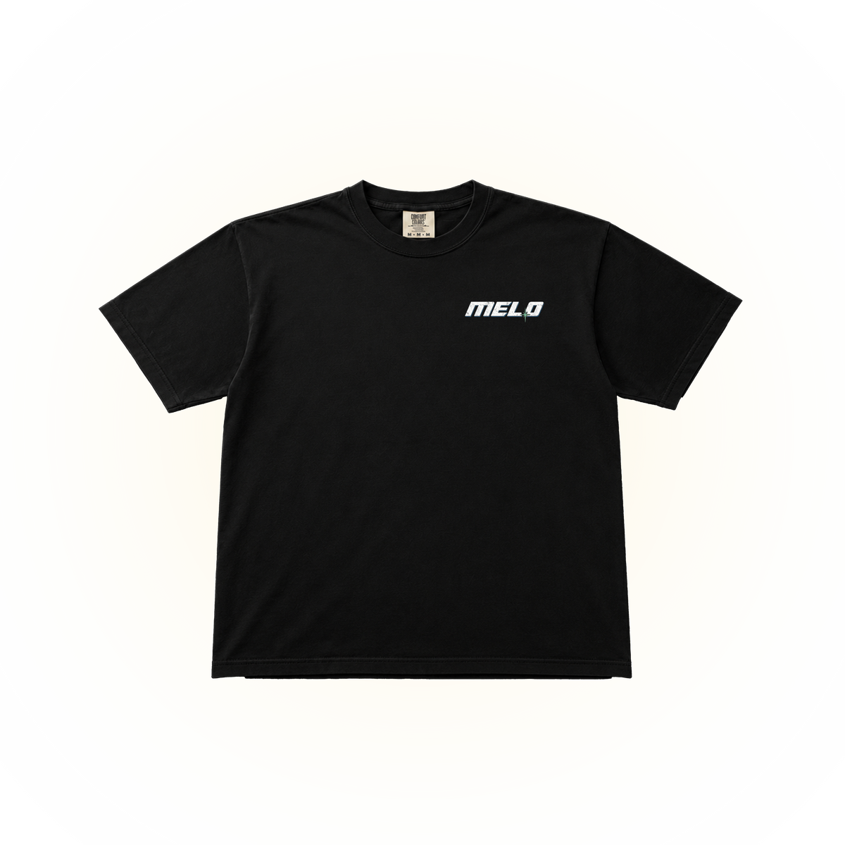 The front of a black short-sleeve crewneck t-shirt with a white 'MELO' logo printed on the left chest.