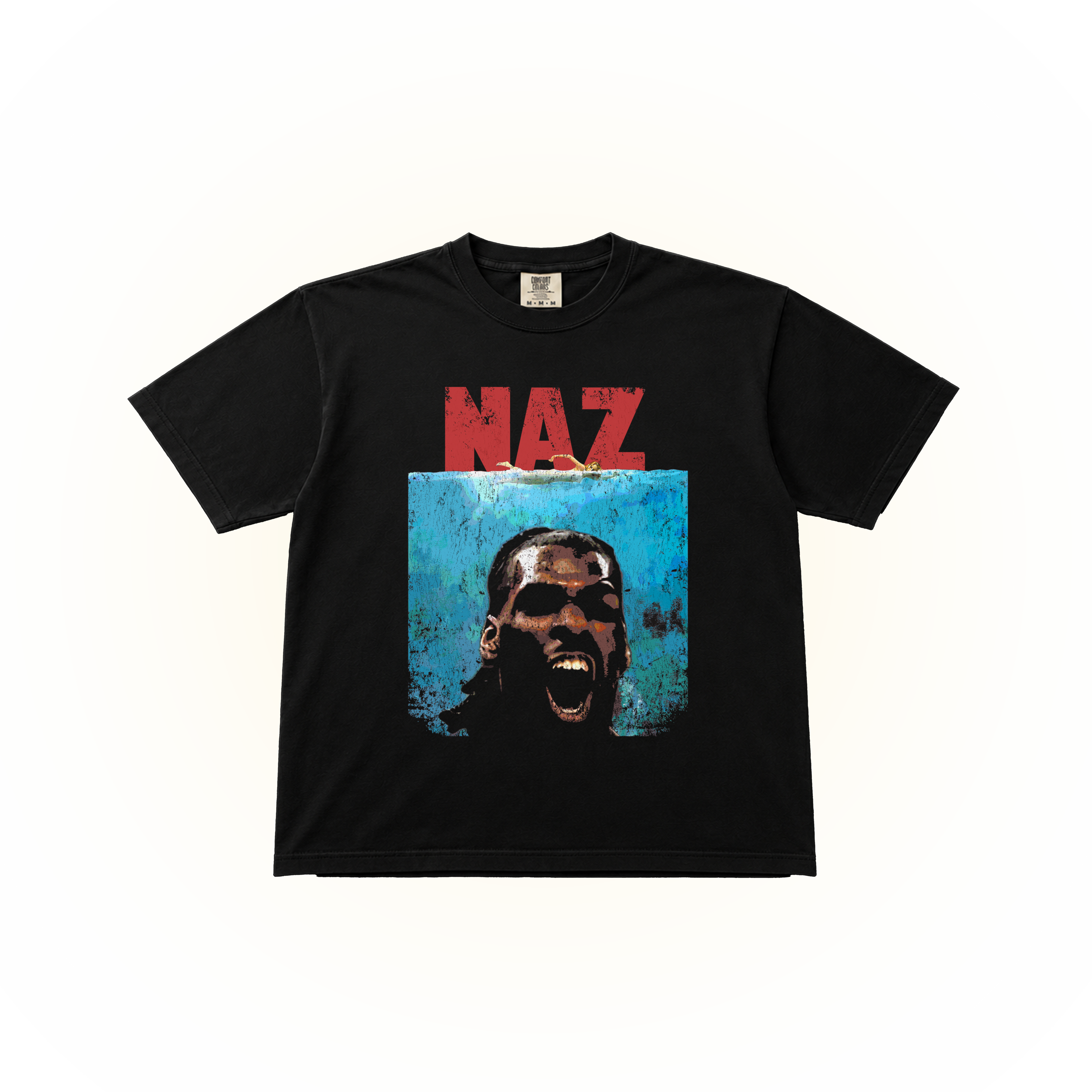 Black Comfort Colors t-shirt with graphic design of Naz Reid as Jaws the shark