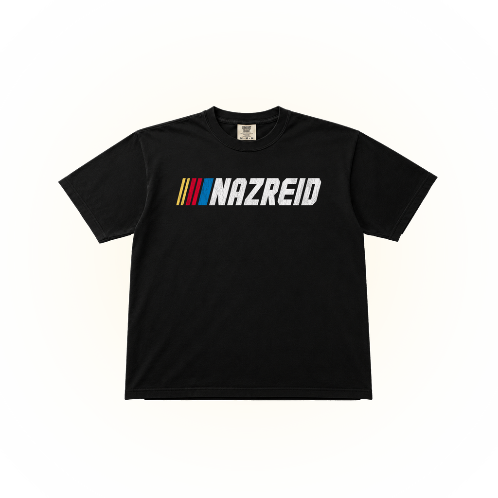 Black Comfort Colors t-shirt with graphic design of NAZ REID inspired by the format to the NASCAR logo