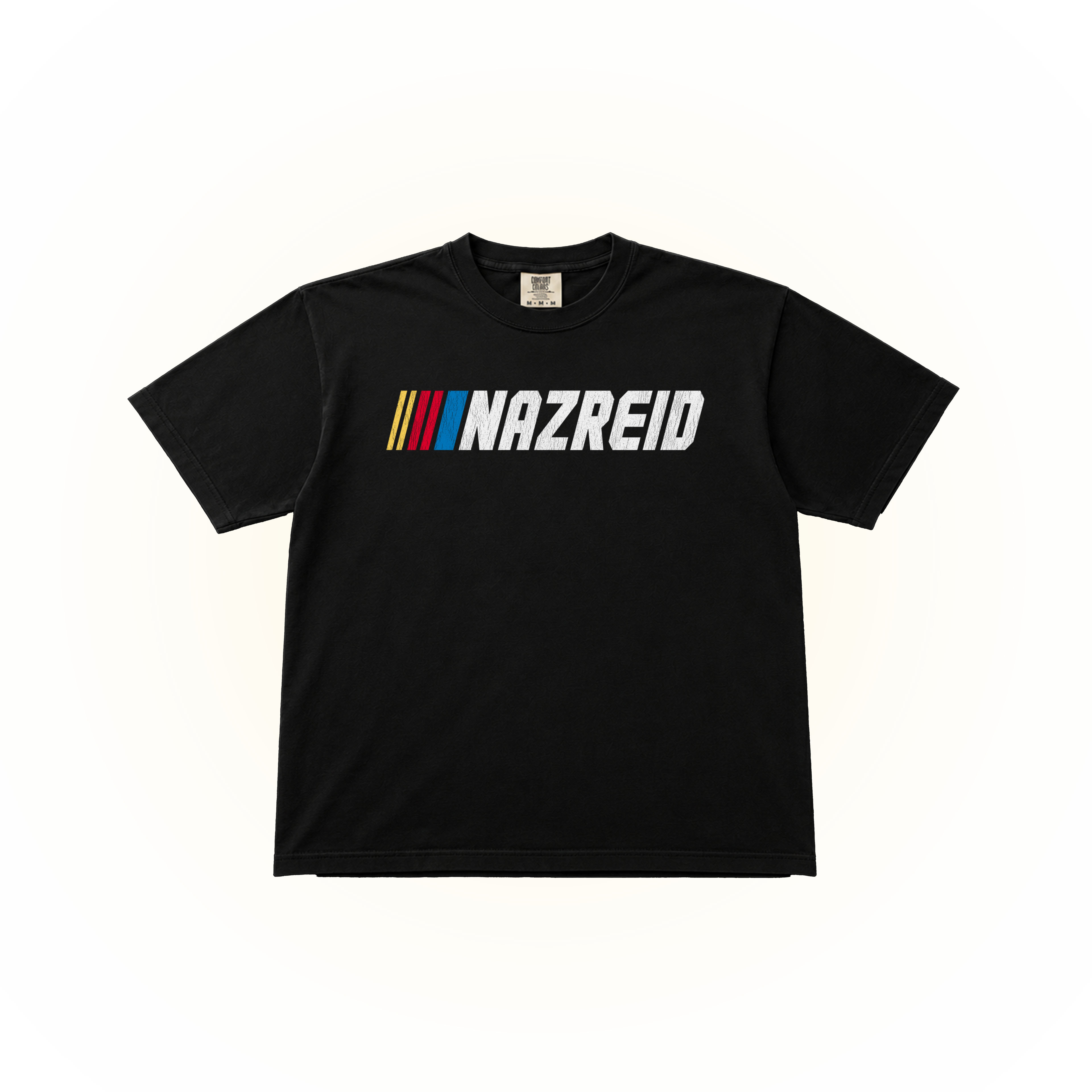 Black Comfort Colors t-shirt with graphic design of NAZ REID inspired by the format to the NASCAR logo