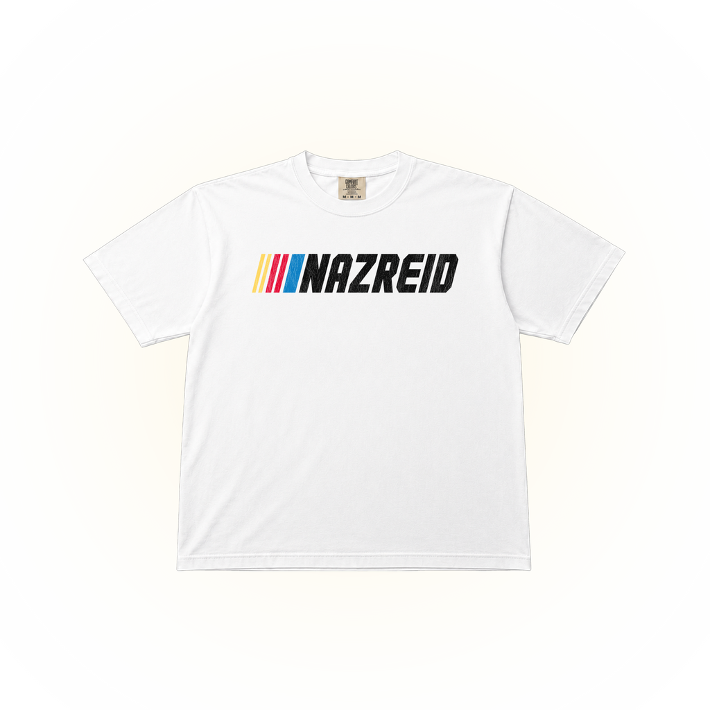 White Comfort Colors t-shirt with graphic design of NAZ REID inspired by the format to the NASCAR logo