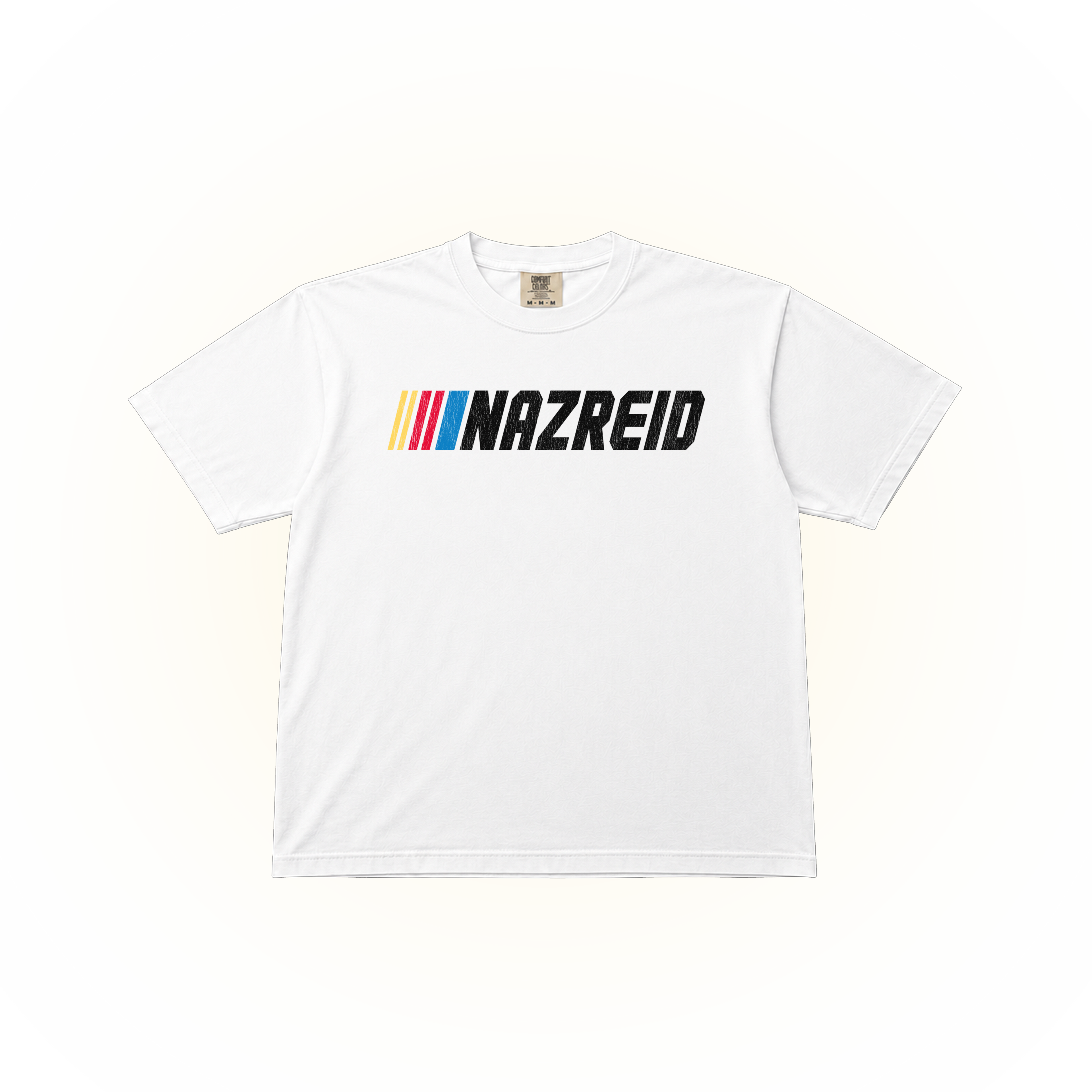 White Comfort Colors t-shirt with graphic design of NAZ REID inspired by the format to the NASCAR logo