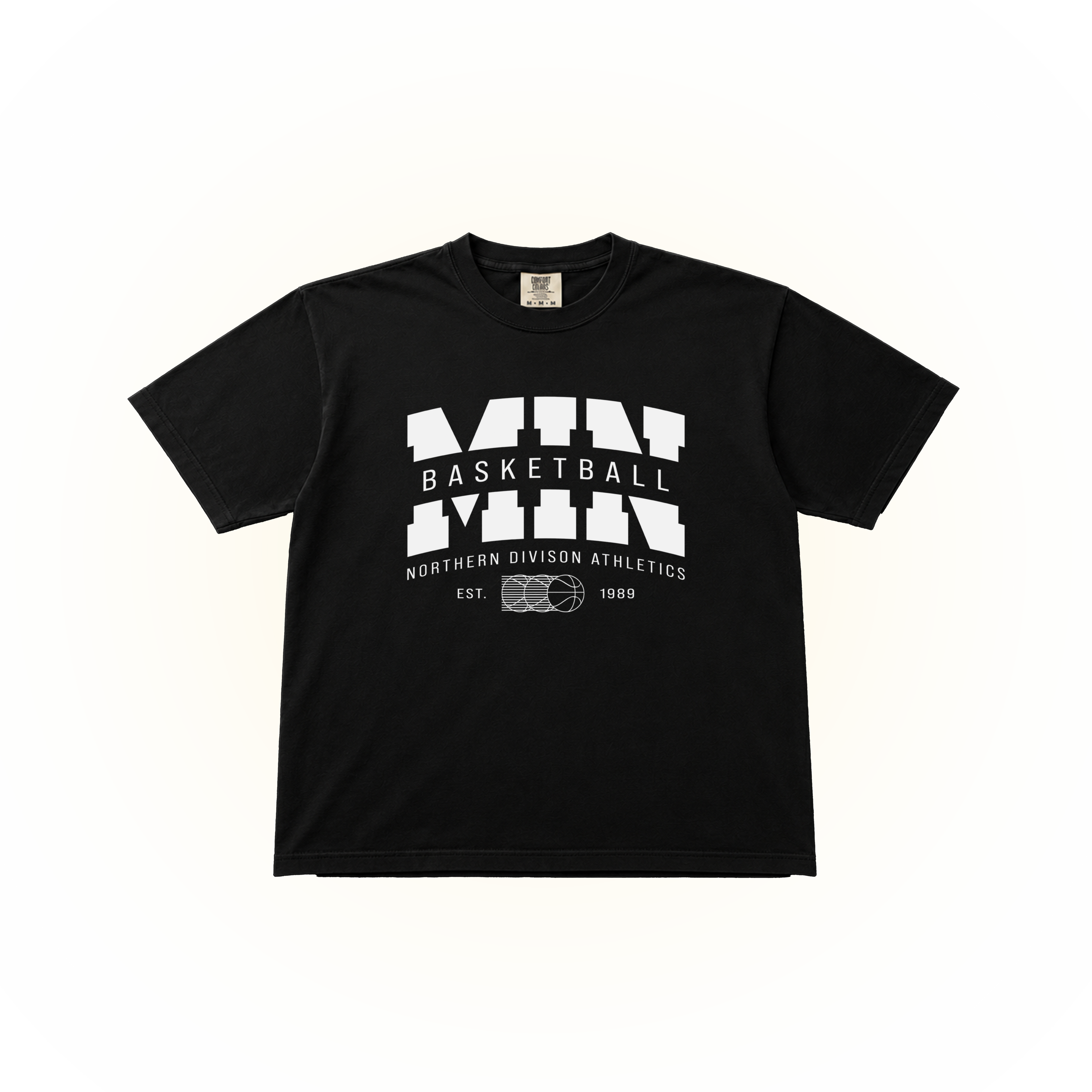 Vintage-style, white Minnesota basketball Northern Division Athletics graphic on a black Comfort Colors t-shirt