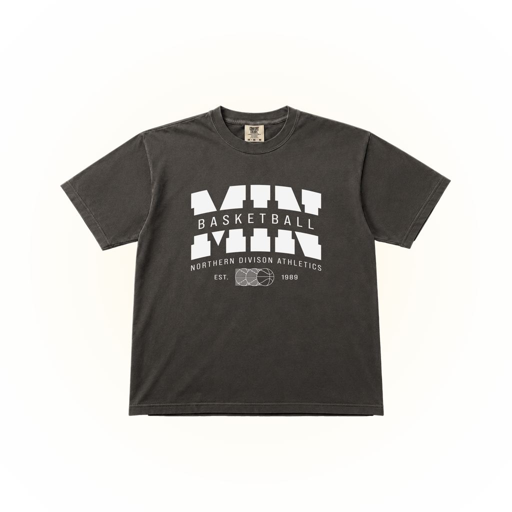 Vintage-style, white Minnesota basketball Northern Division Athletics graphic on a pepper Comfort Colors t-shirt