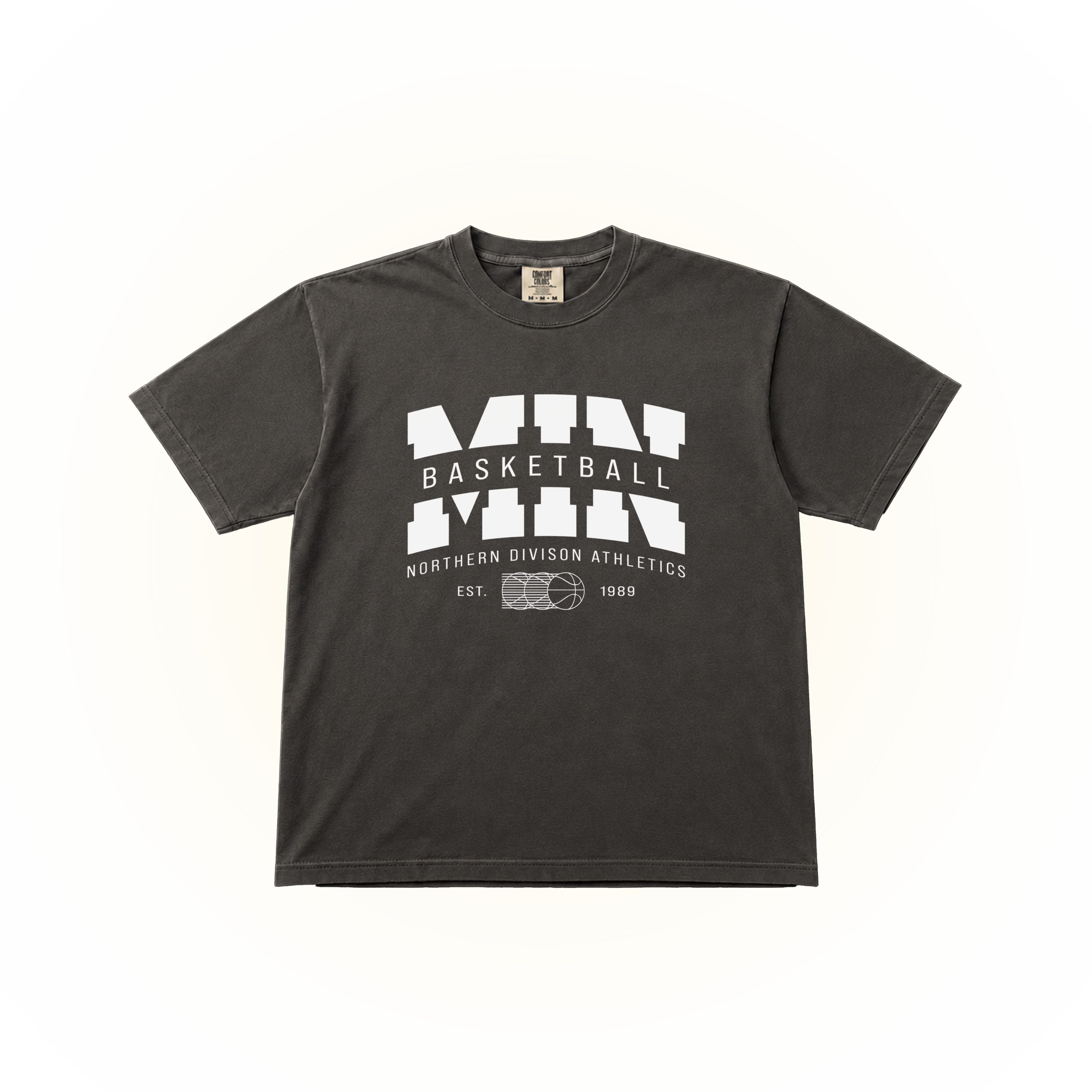 Vintage-style, white Minnesota basketball Northern Division Athletics graphic on a pepper Comfort Colors t-shirt