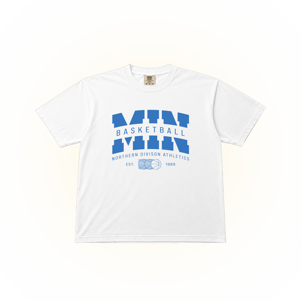 Vintage-style, blue Minnesota basketball Northern Division Athletics graphic on a white Comfort Colors t-shirt