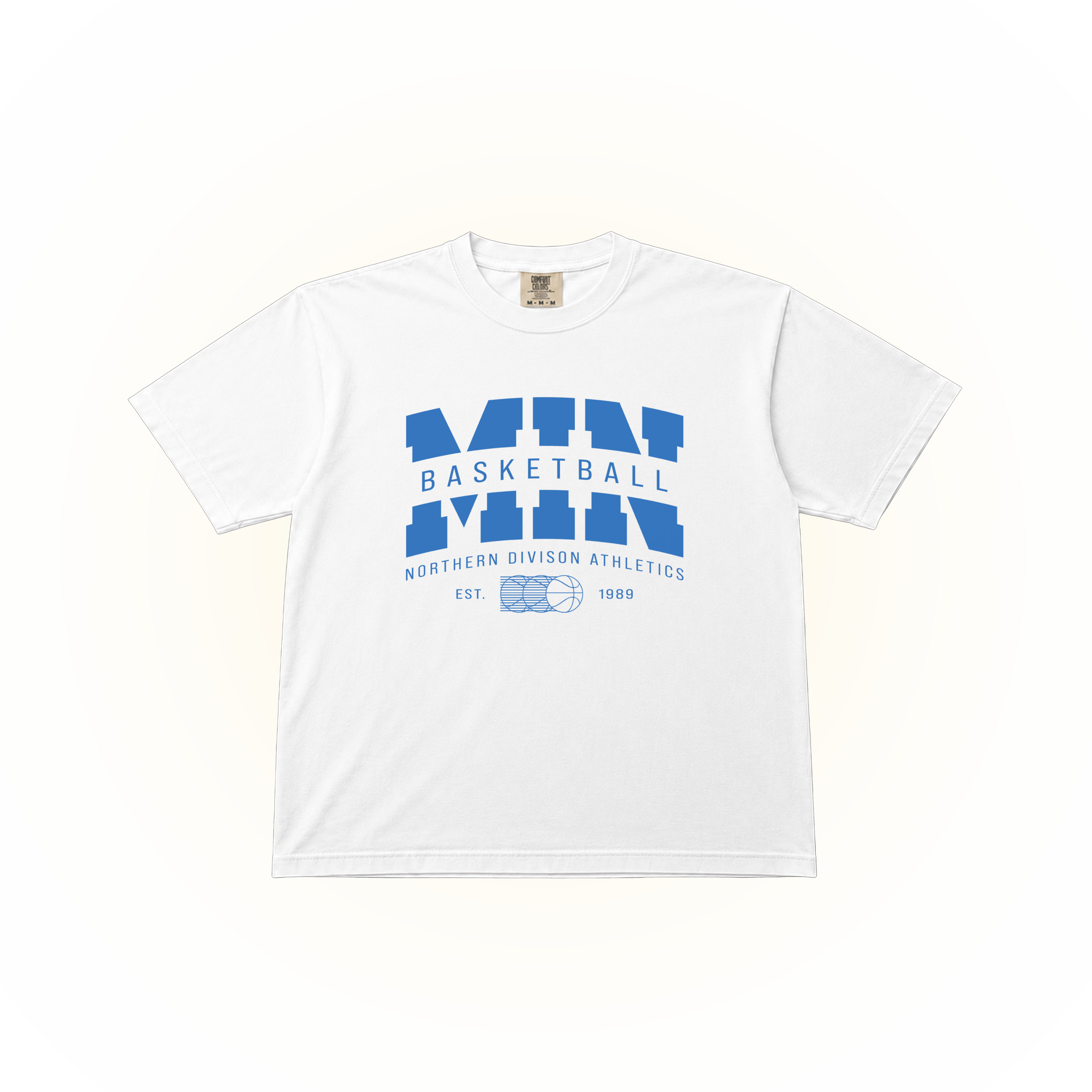 Vintage-style, blue Minnesota basketball Northern Division Athletics graphic on a white Comfort Colors t-shirt