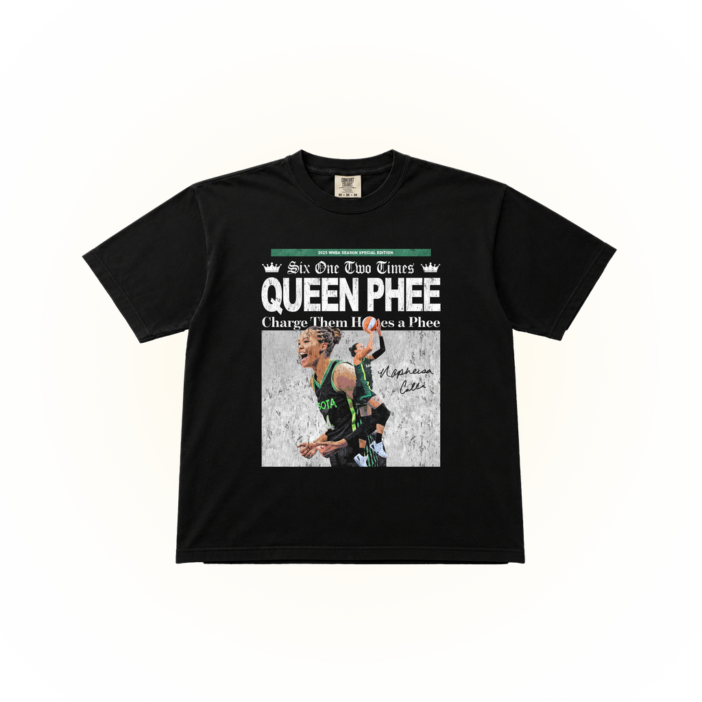 Vintage, newspaper style Napheesa Collier graphic on a black Comfort Colors t-shirt