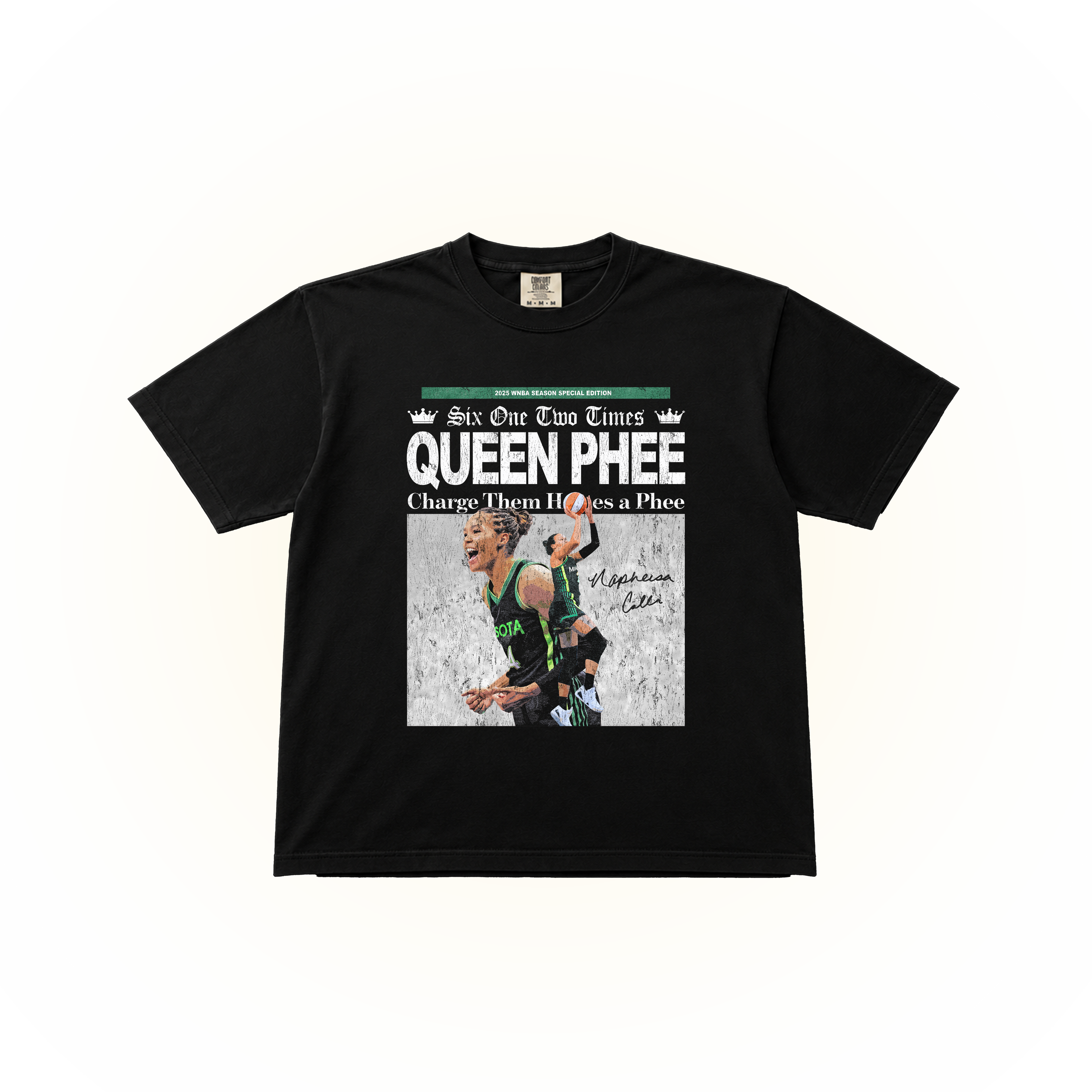 Vintage, newspaper style Napheesa Collier graphic on a black Comfort Colors t-shirt