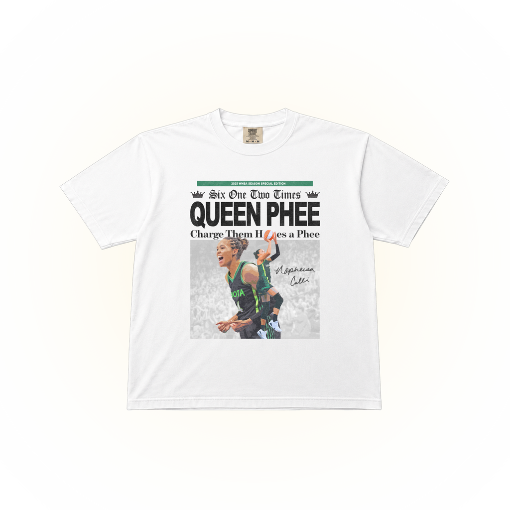 Vintage, newspaper style Napheesa Collier graphic on a white Comfort Colors t-shirt