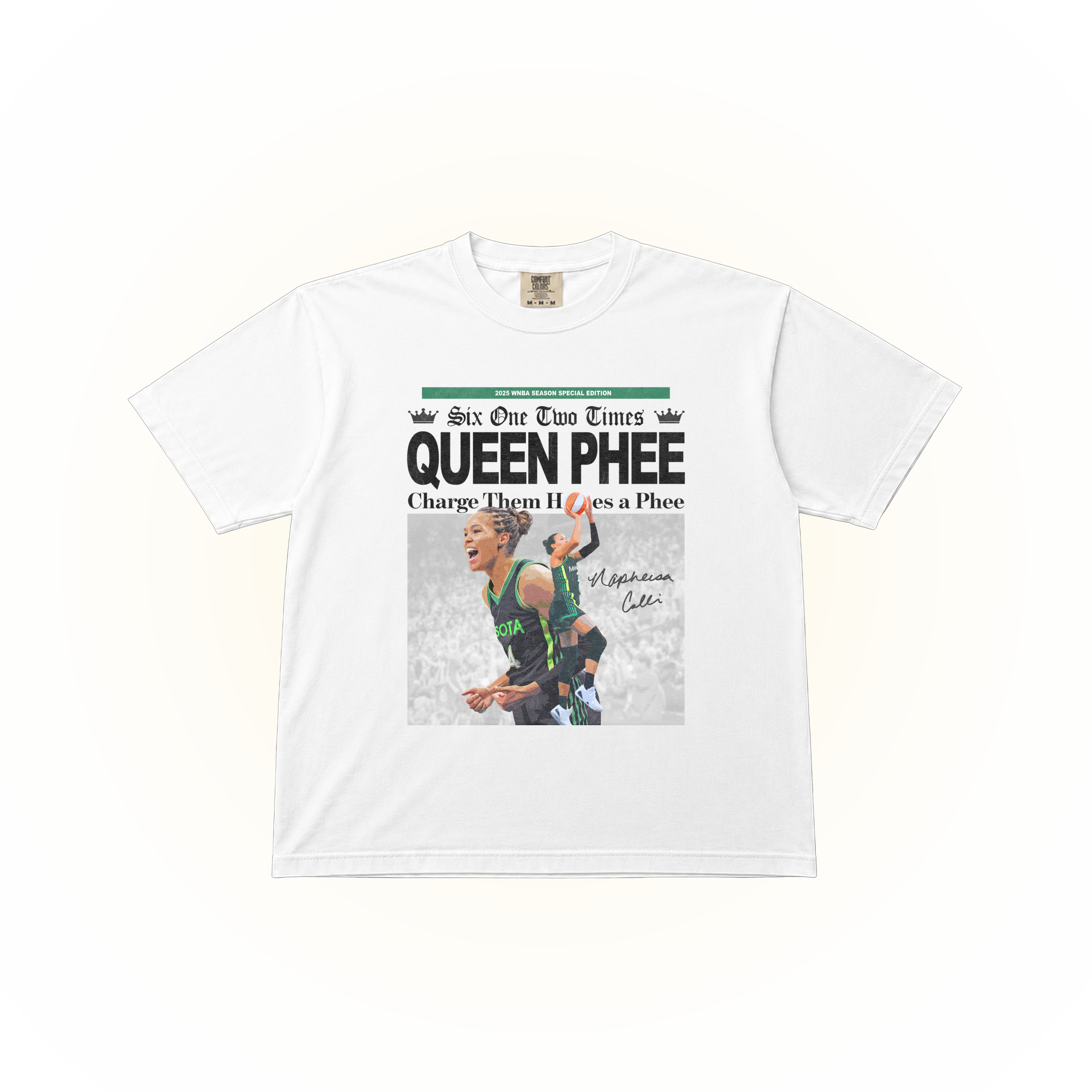 Vintage, newspaper style Napheesa Collier graphic on a white Comfort Colors t-shirt