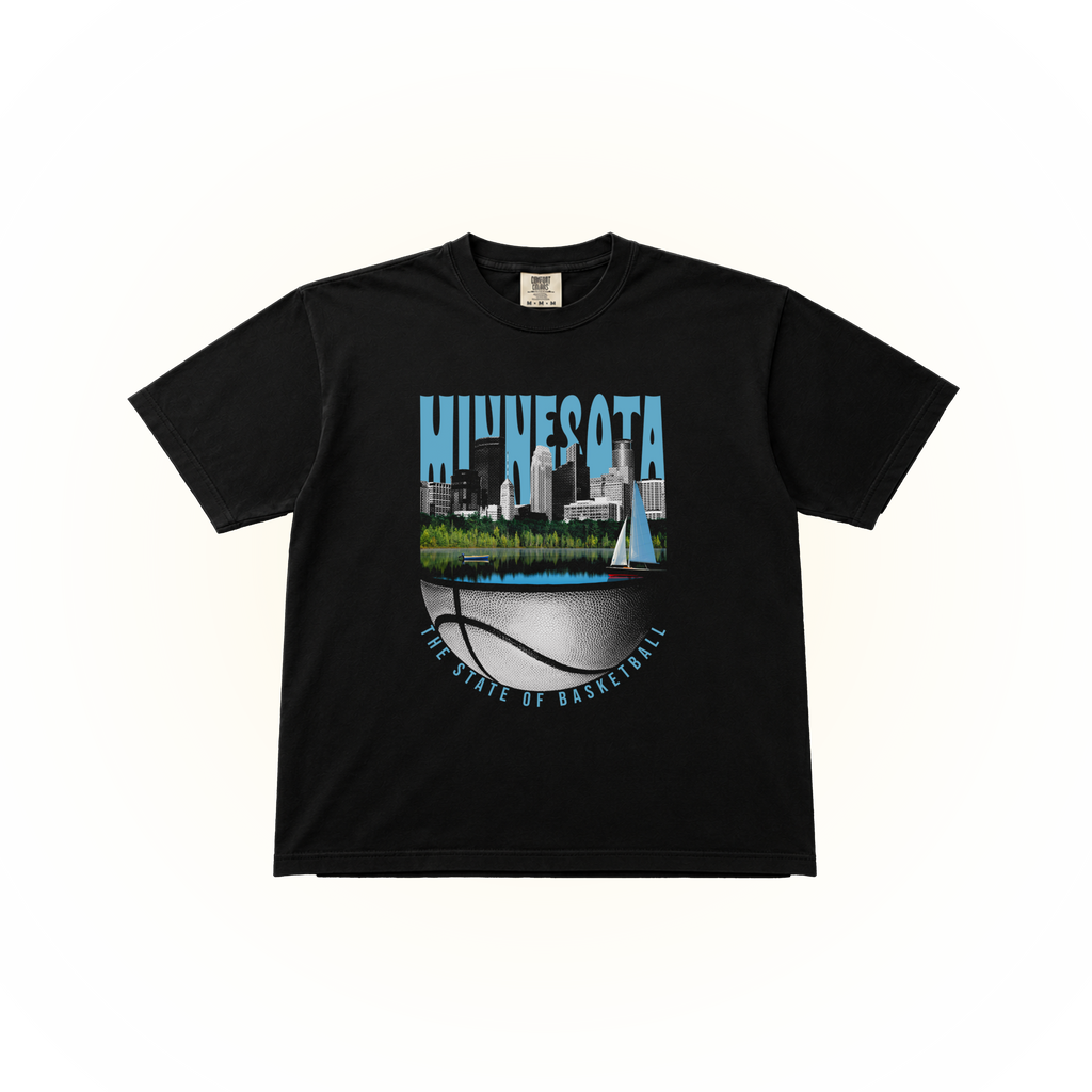 Vintage-style, Minnesota basketball graphic on a black Comfort Colors t-shirt. This design shows Minneapolis calling Minnesota the state of basketball.